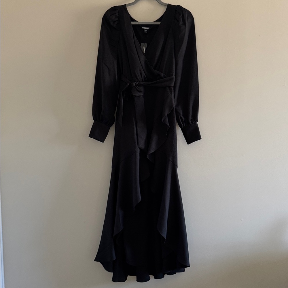 NWT EXPRESS Textured Black High-Low Ruffle Faux Wrap Dress